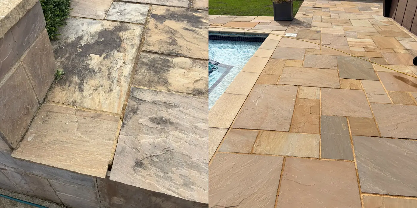 Sandstone patio by a pool, black with lichen before and clean after