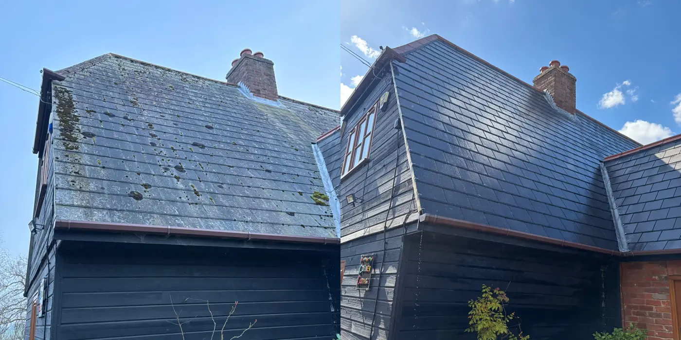 Slate roof on a weatherboarded house, mossy before and clean after